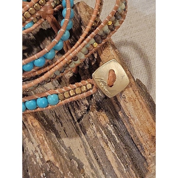 NAKAMOL Beaded Leather Wrap Bracelet Necklace Turquoise Earth Gold tones to 36" - Picture 4 of 8